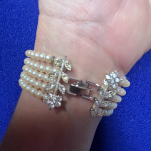 Vintage Faux Pearl Multistrand Bracelet | Cubic Zirconia Floral Clasp | Timeless - Picture 7 of 8